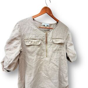 Ellen Tracy 100% Linen Roll Tab Tan Blouse Top Women's size Small